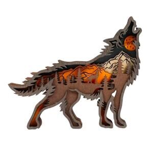 Layered Wooden Wolf Decor with Floral Cutouts | 6.3 in Wall or Shelf Accent